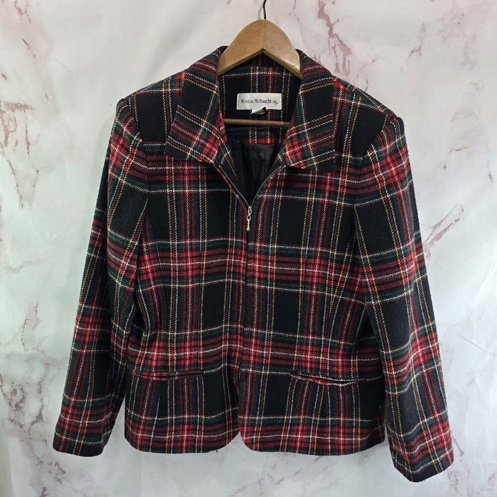Vintage Shacket Womens Medium Red Black Plaid Wool Zip Shirt Jacket 90s Y2K